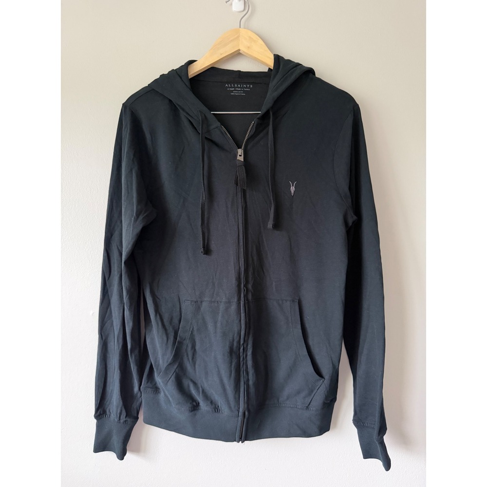 AllSaints Brace Zip-Up Ramskull Hoodie Mens XS Black Organic Cotton Regular Fit